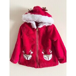 Little Lass‎ Faux Fur Reindeer Holiday Christmas Coat Jacket Sweater Red Size 3t